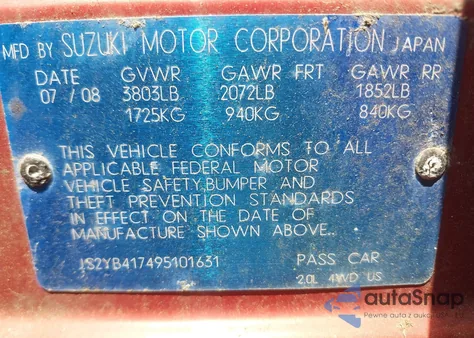 2009 Suzuki Sx4 Touring z USA, uszkodzony, nr VIN JS2YB417495101631